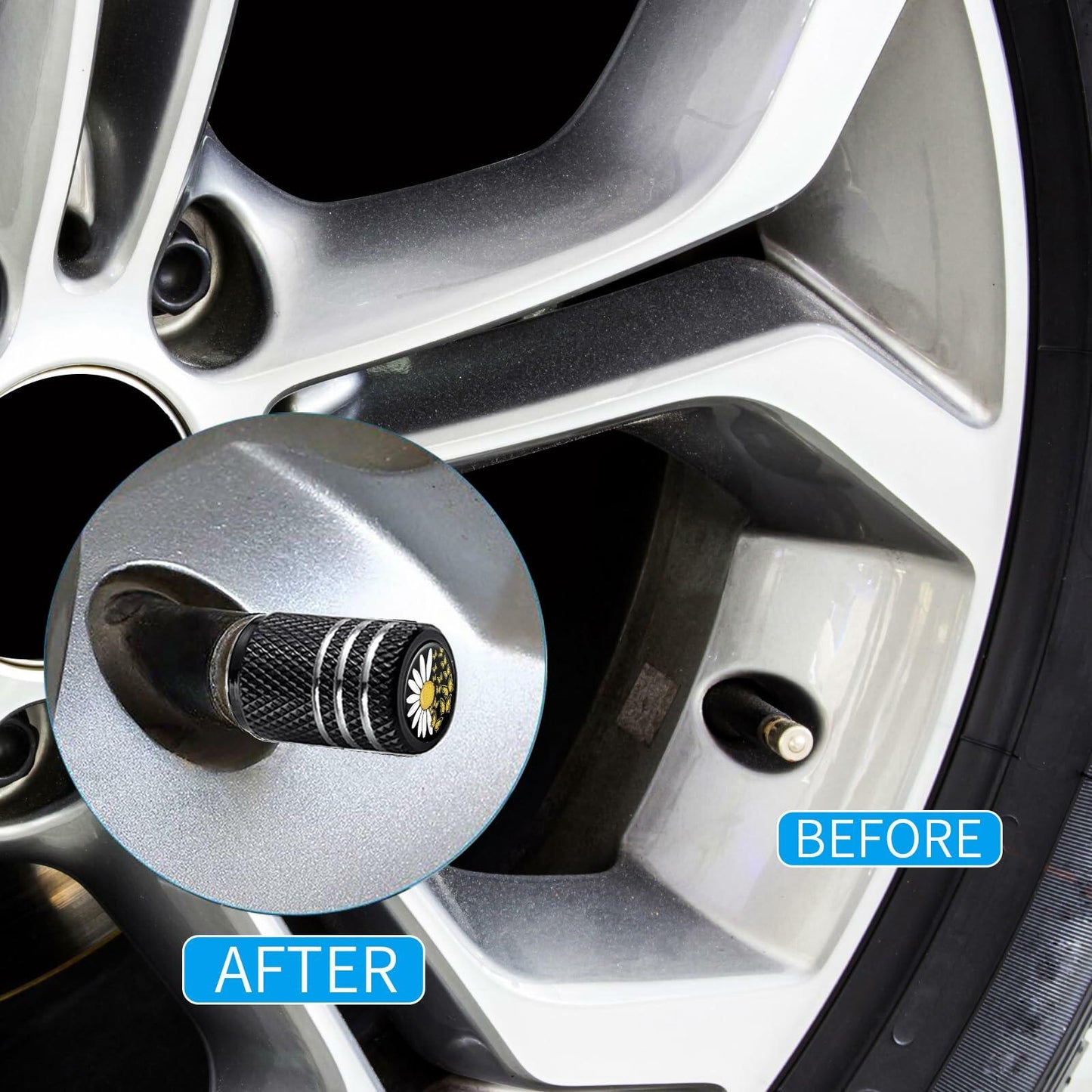 JIASWTHM Tire Valve Stem Caps Black 4 Pack Anodized Aluminum Universal