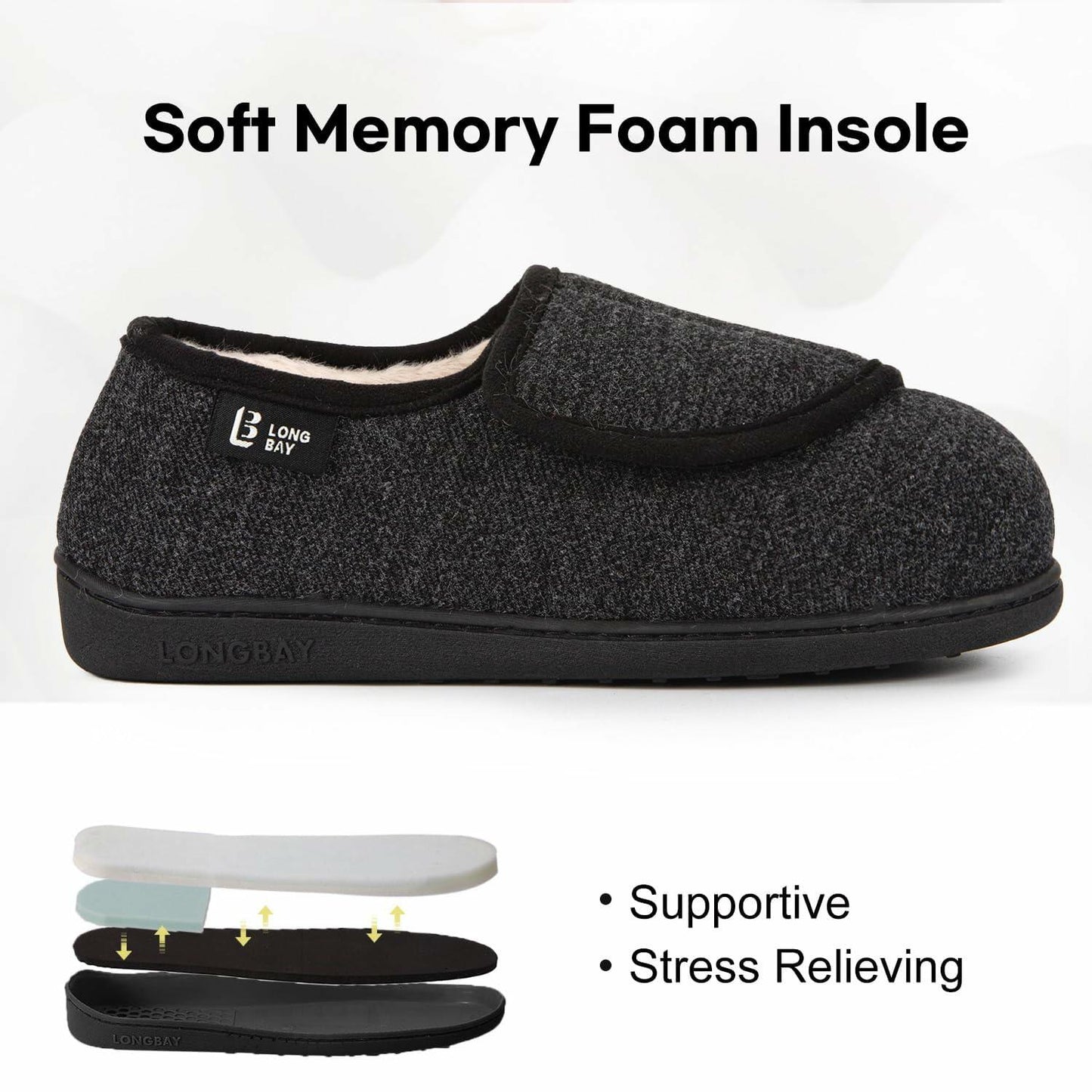 LongBay Diabetic Slippers Women 7 B(M) Black Memory Foam Cozy House Shoes