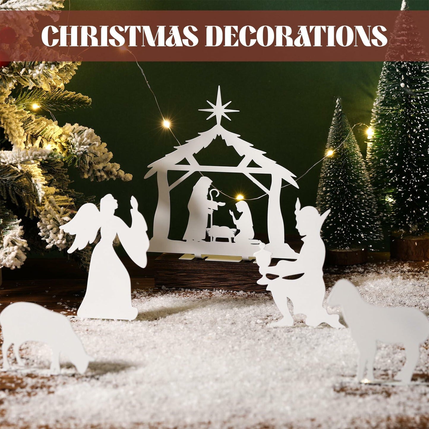 MorningRo White Metal Christmas Nativity Set 3 Pc Indoor Rustic Decor