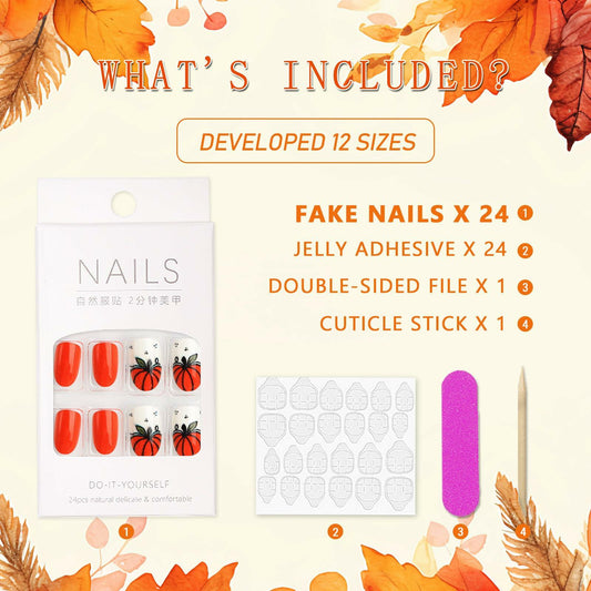 Fall Press On Nails 24Pc Short Square Pumpkin Plaid Design Stick Glue