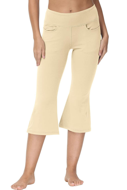 Cakulo Womens Capri Yoga Flare Pants Beige M Athletic Workout Pockets