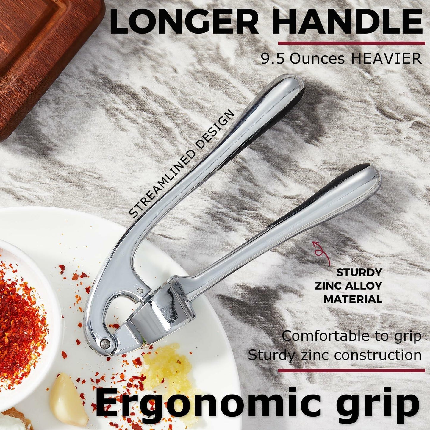 Kitessensu Garlic Press Set with Silicone Peeler & Brush, Gloss Silver