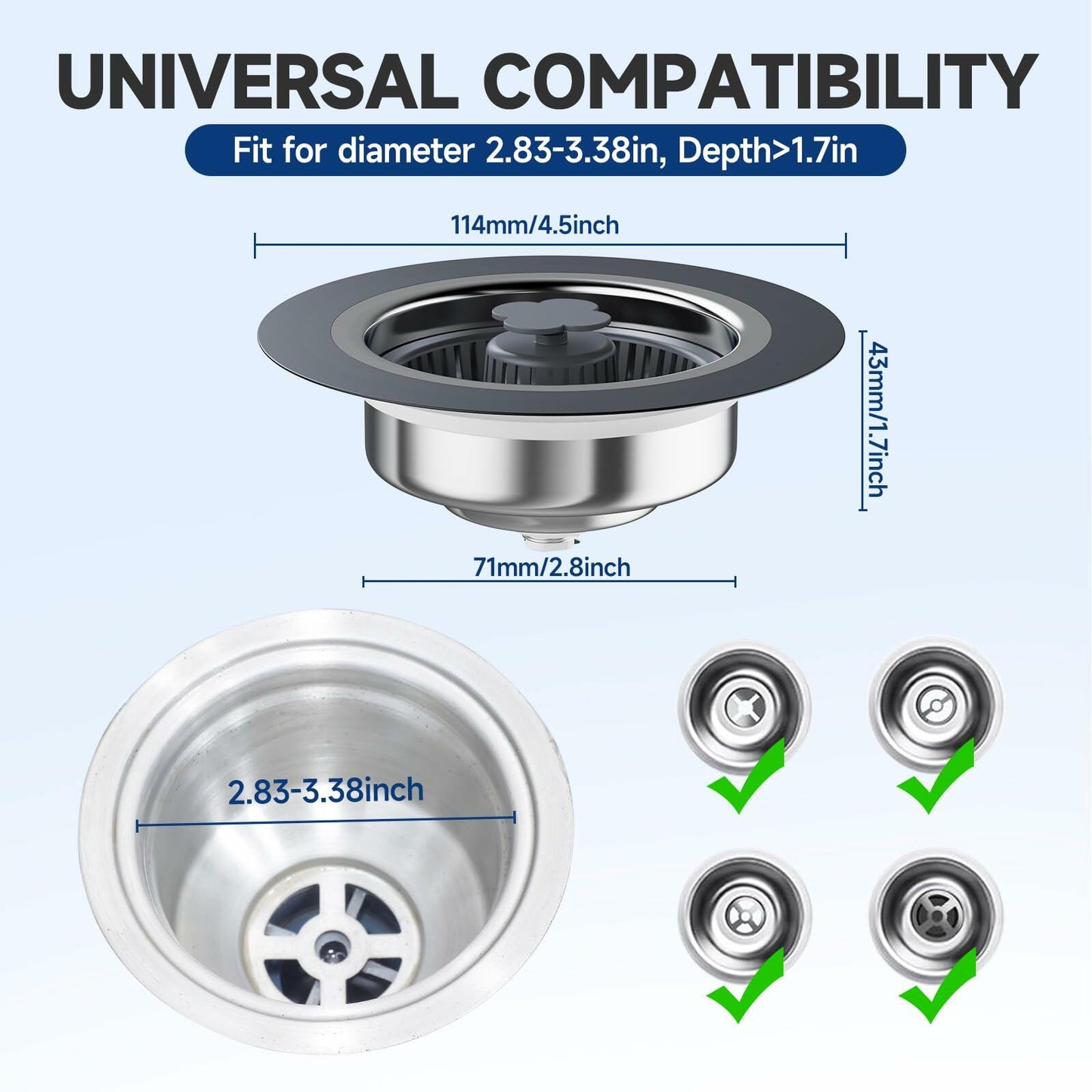 3-in-1 Stainless Steel Kitchen Sink Strainer Stopper Pop Up 3-1/2 Inch Drain