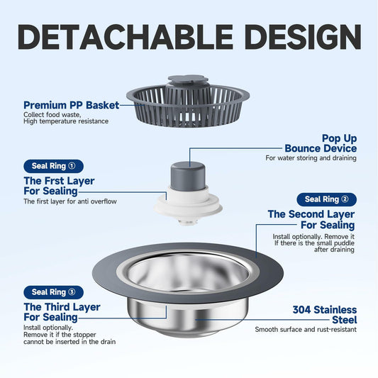 3-in-1 Stainless Steel Kitchen Sink Strainer Stopper Pop Up 3-1/2 Inch Drain
