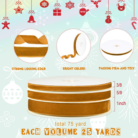 Yilloog 3 Rolls Christmas Velvet Ribbon 75 Yards 3/8 5/8 1 Inch Khaki Satin