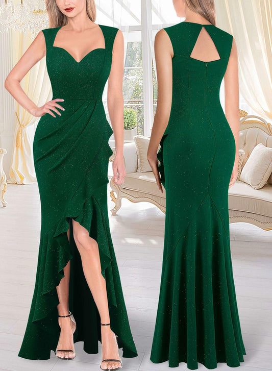 VFSHOW Womens Sexy Ruffle V Neck Ruched Maxi Dress Dark Green XXL 0105C