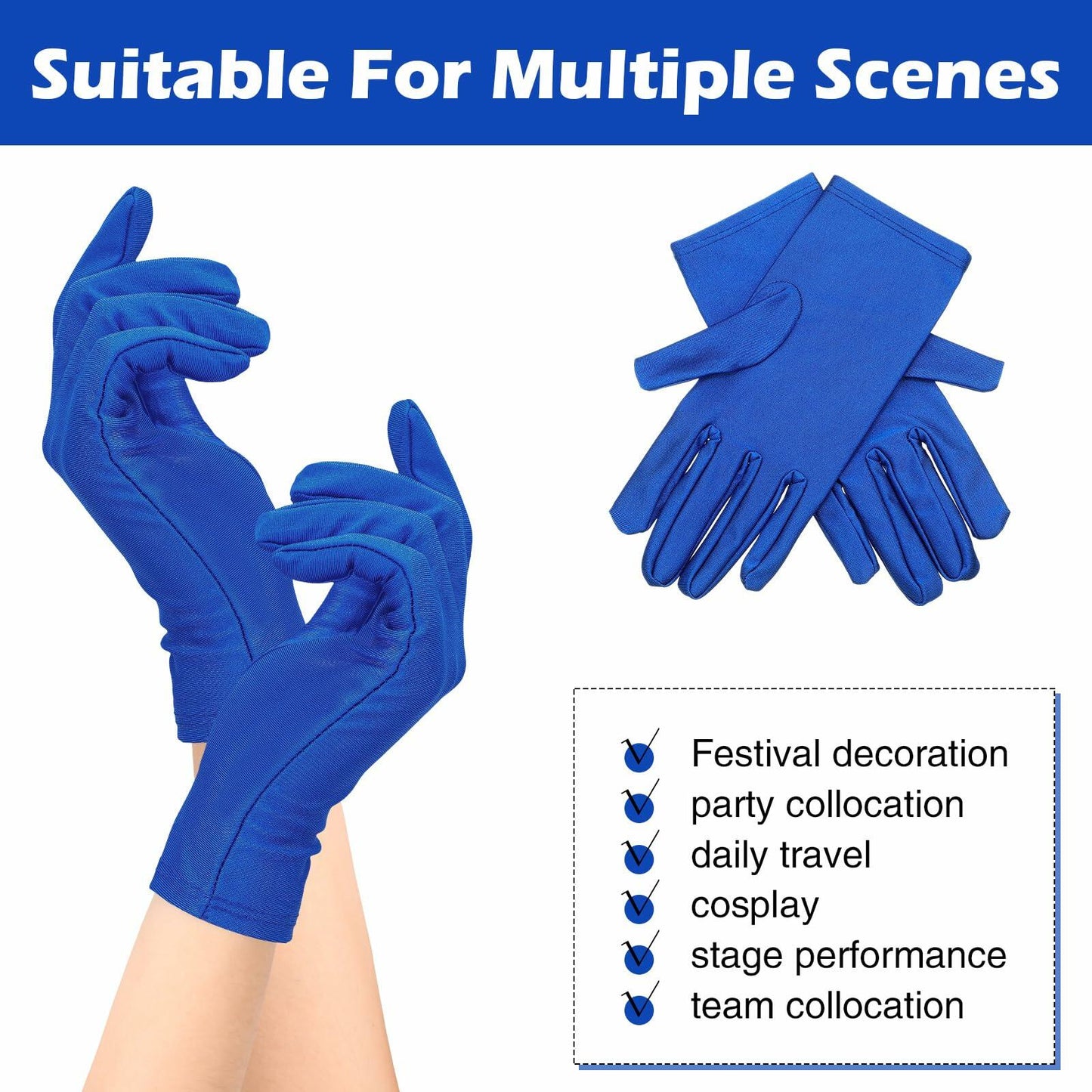 8 Pairs Blue Nylon Cotton Gloves Unisex Halloween Parade Tuxedo Size 8