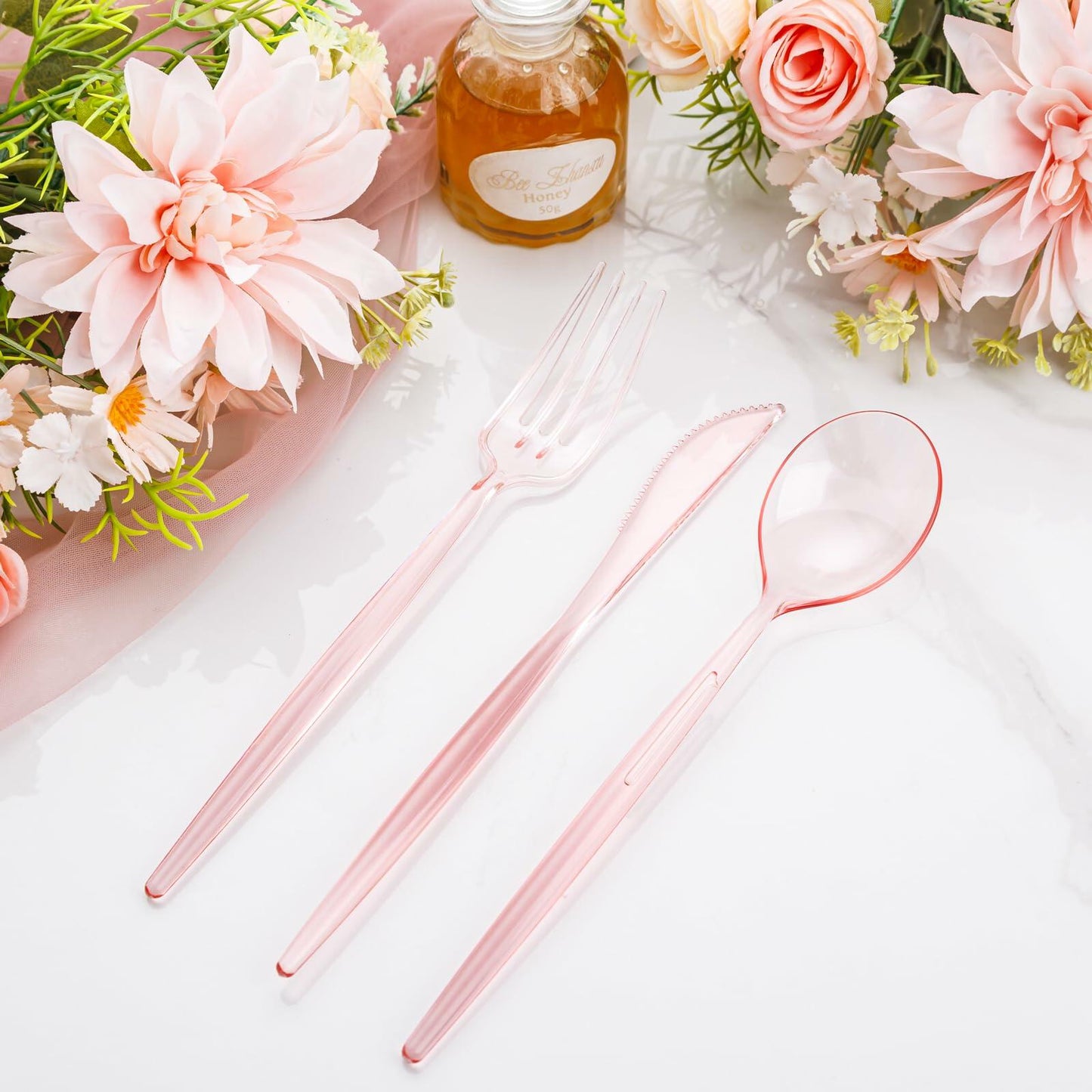 Rubtlamp 180 Pc Pink Plastic Silverware Set - 60 Forks, 60 Knives, 60 Spoons