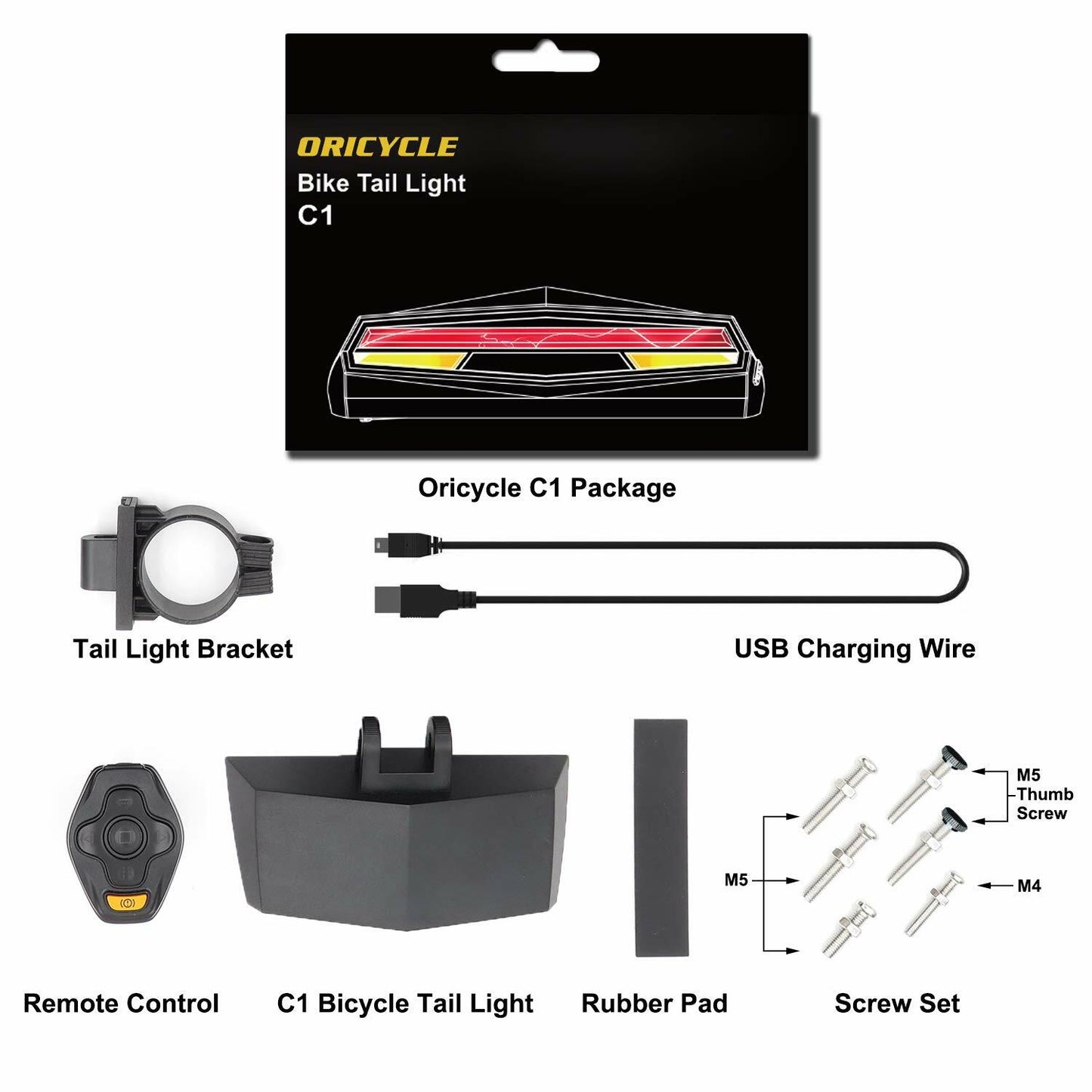 Oricycle Rechargeable Bike Tail Light LED - Waterproof, Remote Control, Safety