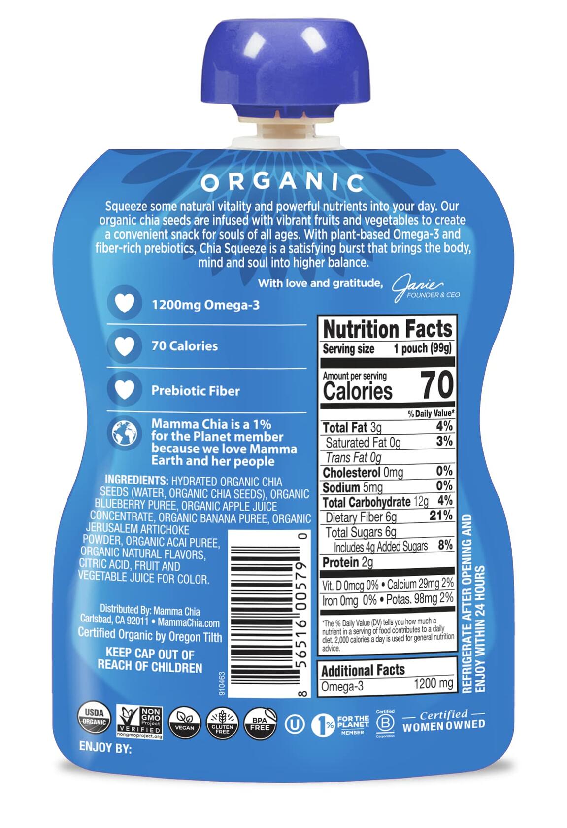 BestBy07/25 Mamma Chia Organic Prebiotic Snack Blueberry Acai 14oz 6 Pack