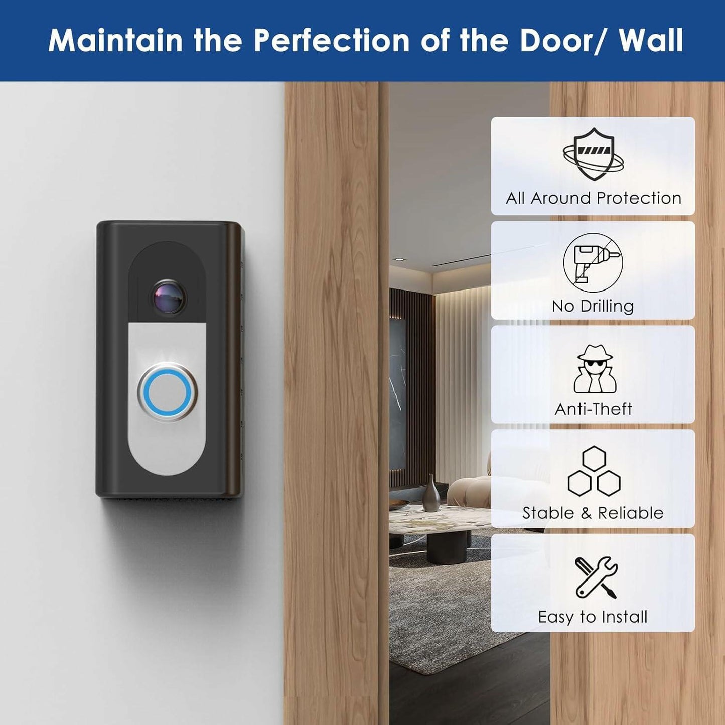KIMILAR 2024 Upgrade No Drill Adhesive Video Doorbell Mount - Black