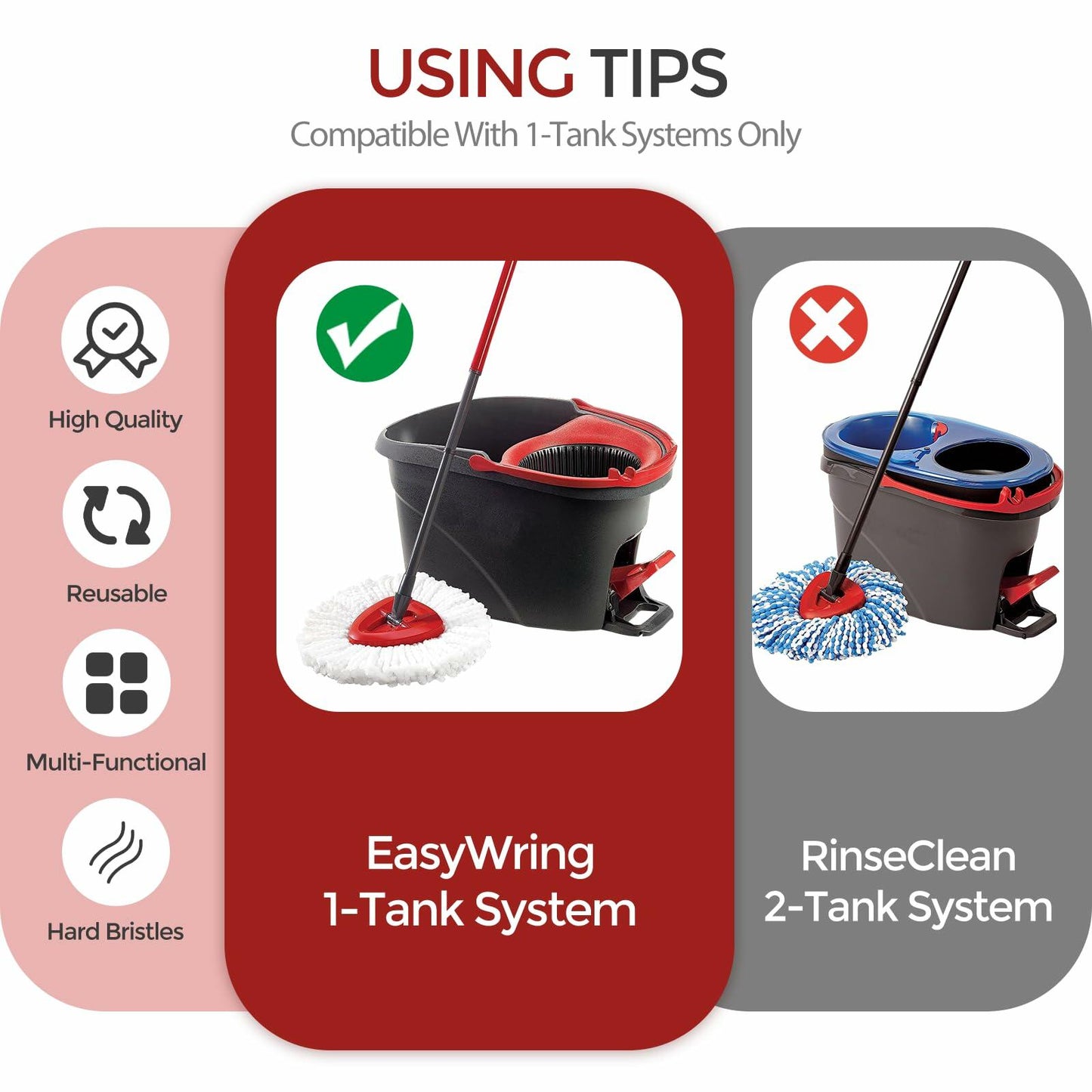 O-Cedar 2 Pack EasyWring Mop Hard Bristle Brush Heads Replacement