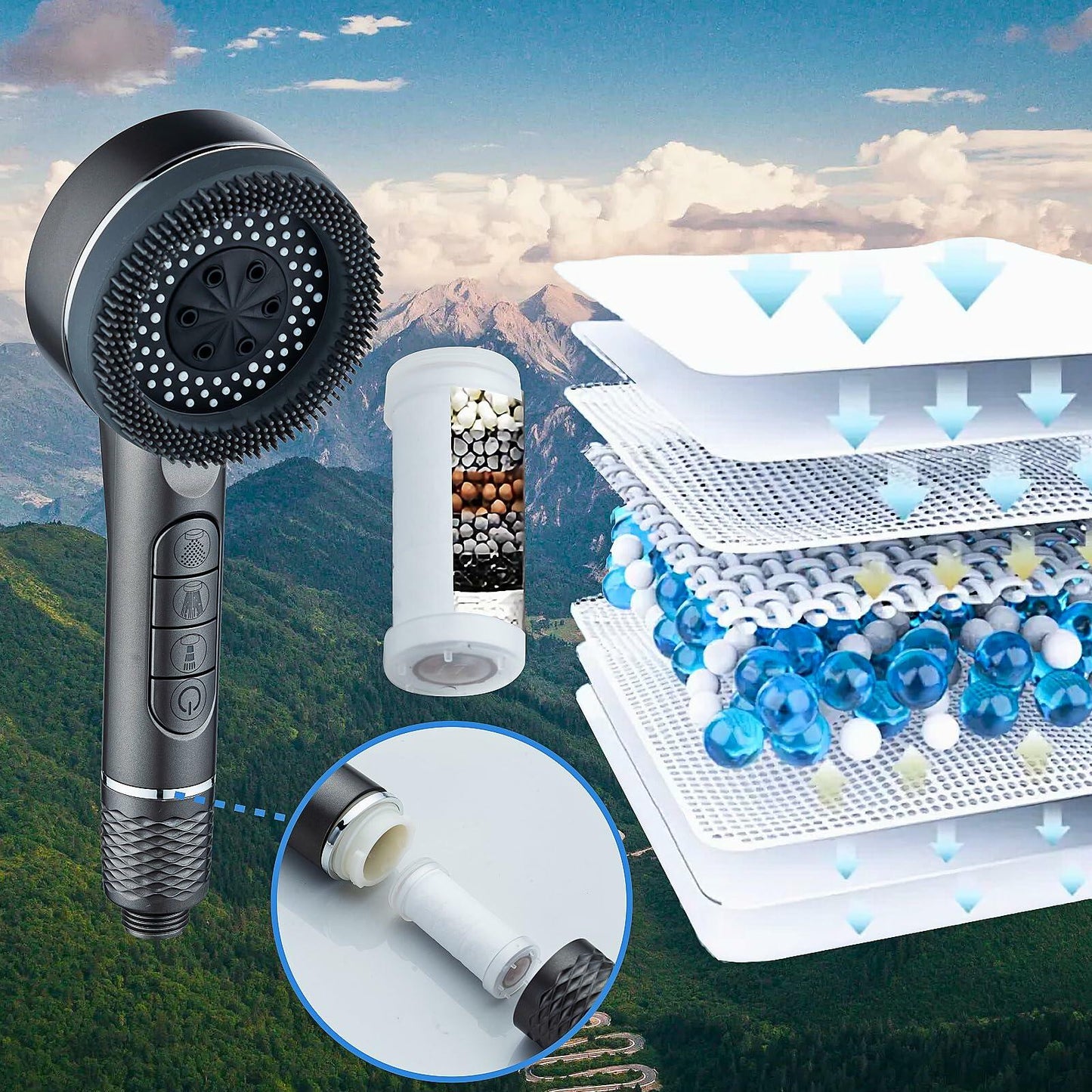 Filtered Handheld Shower Head Chrome High Pressure with Scalp Massager
