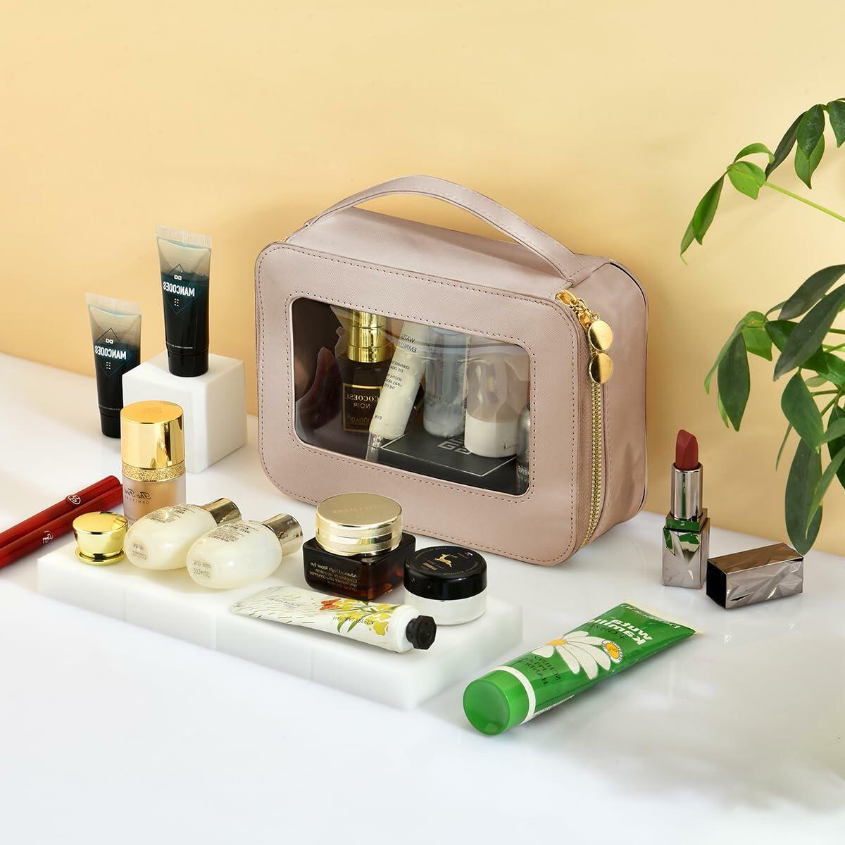 Leatvook Portable Makeup Bag Large Travel Cosmetic Organizer Brown