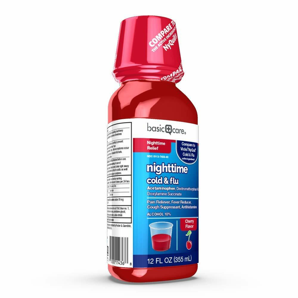 BestBy06/26 Amazon Basic Care Nighttime Cold & Flu Relief Liquid 12 Fl Oz Cherry