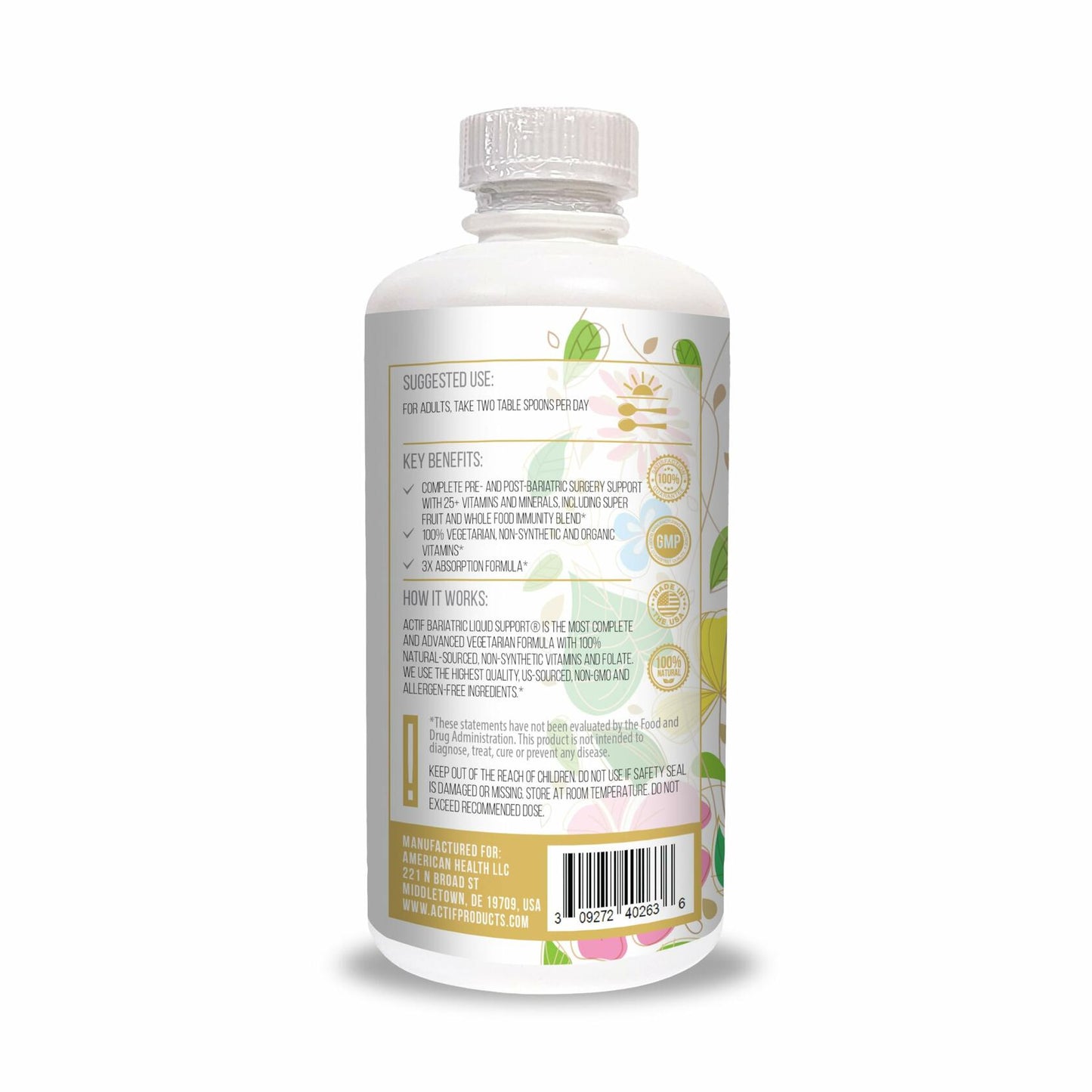 Actif Organic Bariatric Liquid Support 32oz Advanced Formula Non GMO
