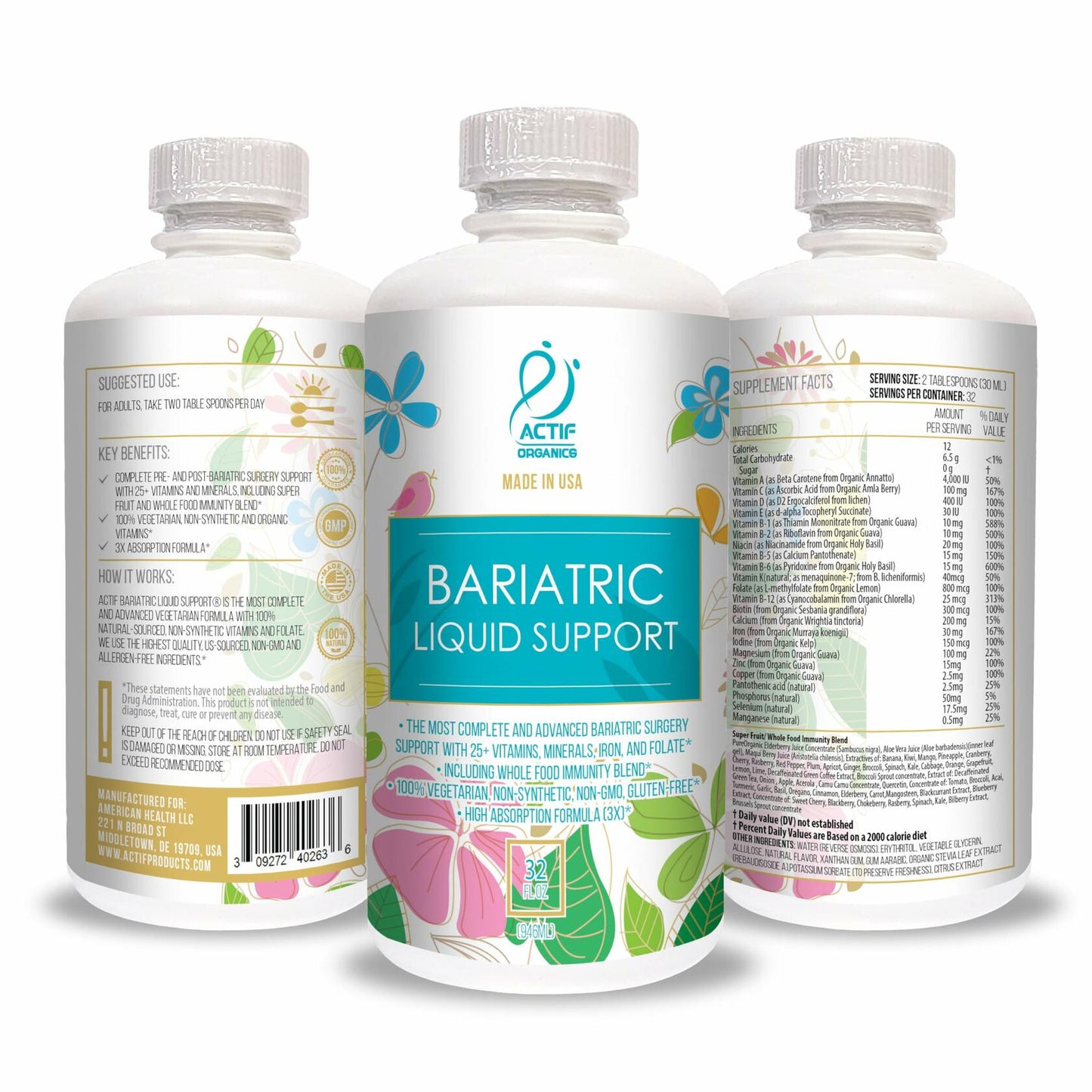 Actif Organic Bariatric Liquid Support 32oz Advanced Formula Non GMO