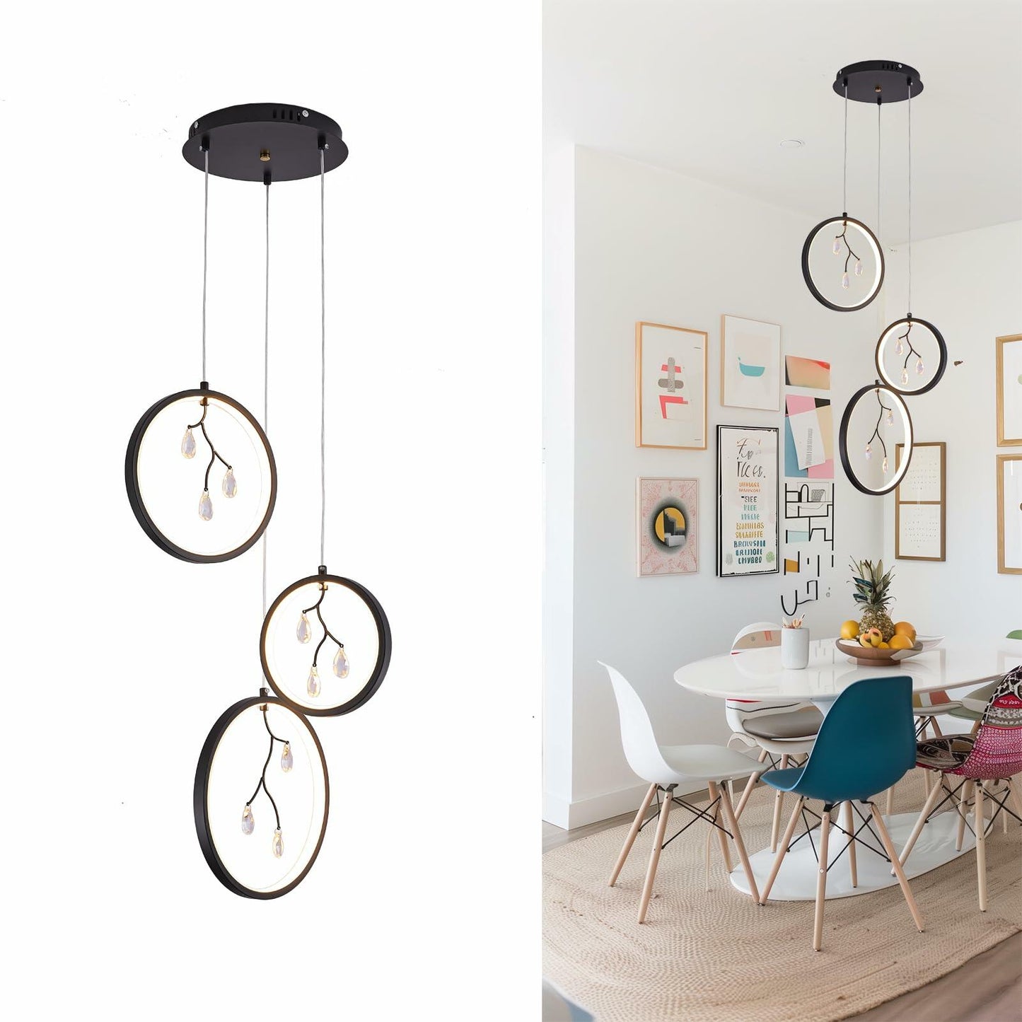 ACNENZIO Black 3-Light Pendant Lighting Fixture, Adjustable, Black 3-Ring