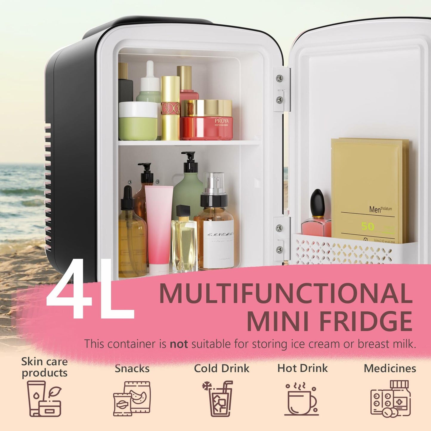 EUHOMY 4L Mini Fridge Portable Cooler Warmer Black Cosmetics Drinks