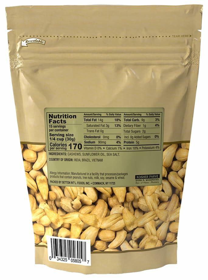 BB08/25 Cashews Roasted Salted 1 Lb. Bag Kosher, Premium Quality Snack