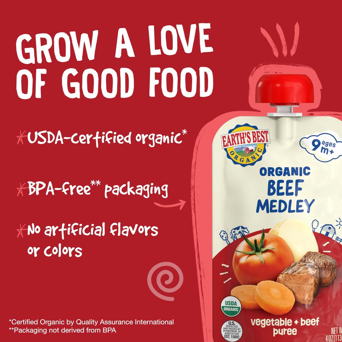 BB01/25 Earth's Best Organic Baby Food Pouches Beef Medley 4oz 12 Pack