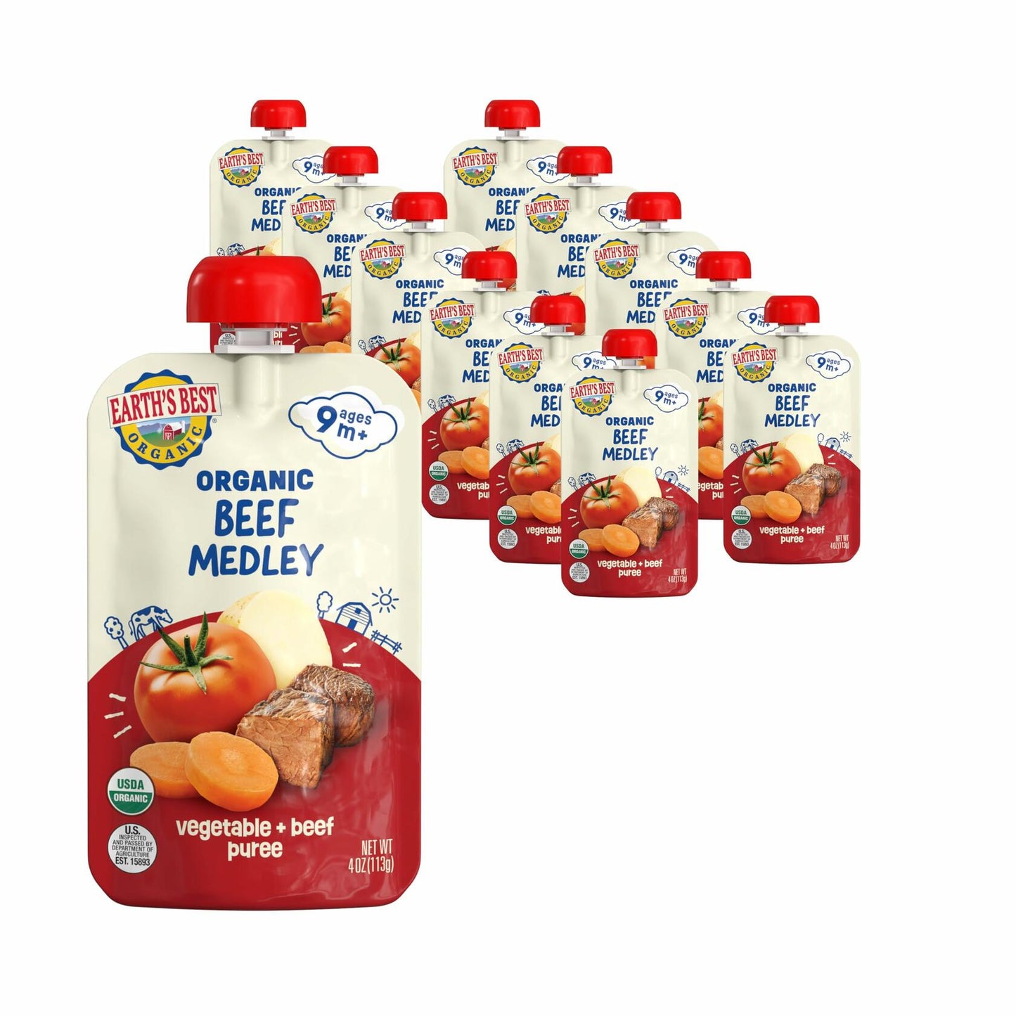 BB01/25 Earth's Best Organic Baby Food Pouches Beef Medley 4oz 12 Pack