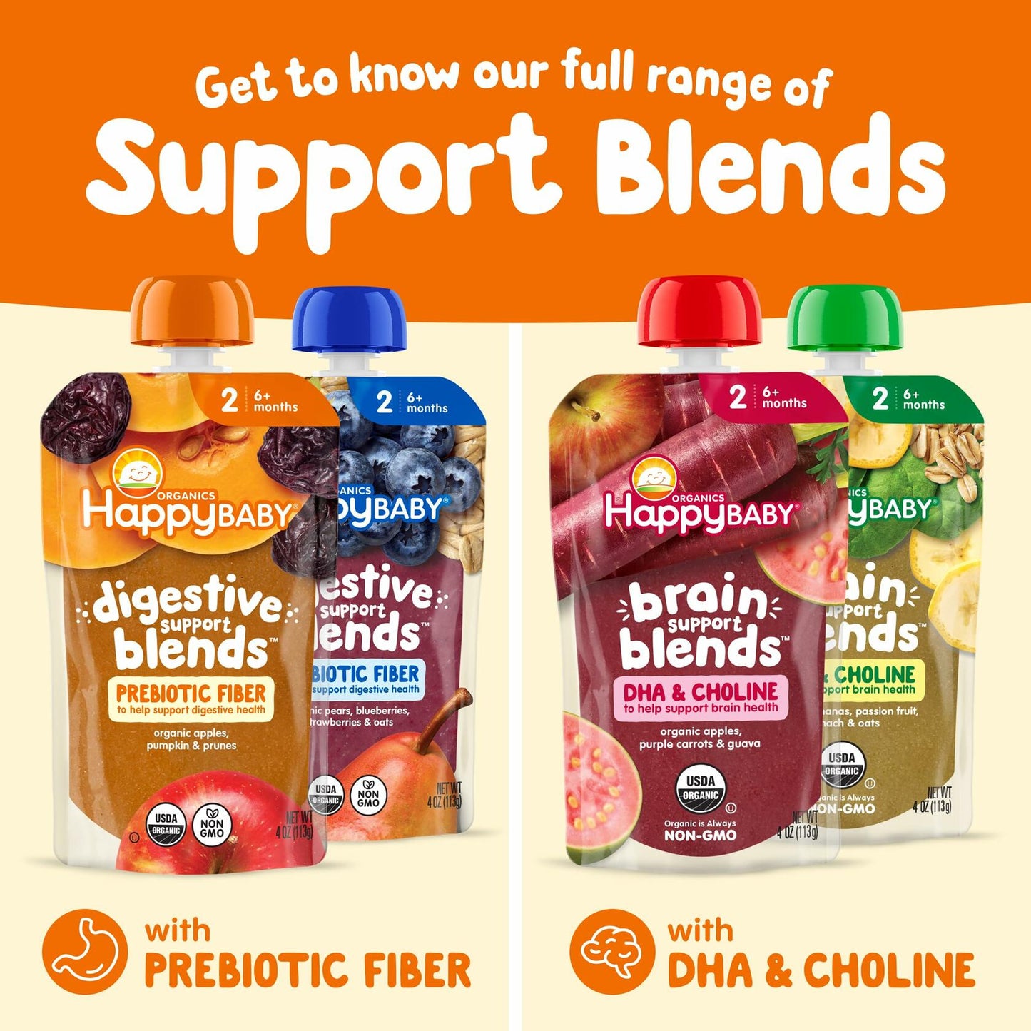 BestBy07/25 Happy Baby Organic Digestive Support Stage 2 Baby Food 4oz Pouch x16