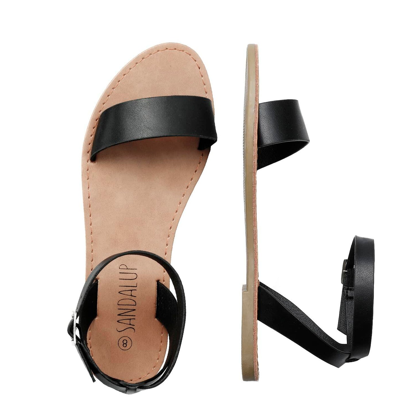 SANDALUP Women's Soft Faux Leather Open Toe Ankle Strap Flat Sandals 8.5