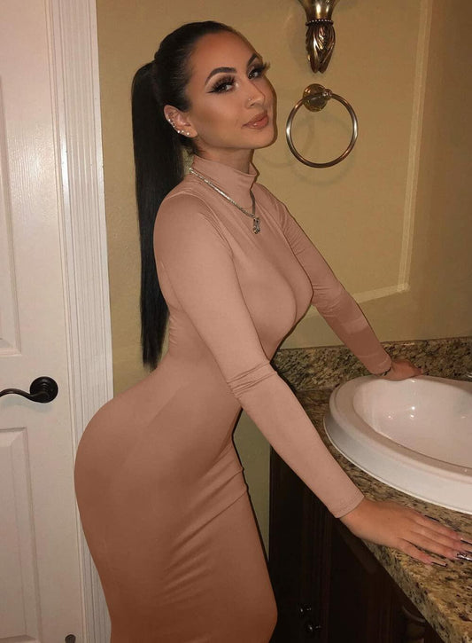 GOBLES Women's Sexy Turtleneck Long Sleeve Elegant Bodycon Dress Camel Size 2XL