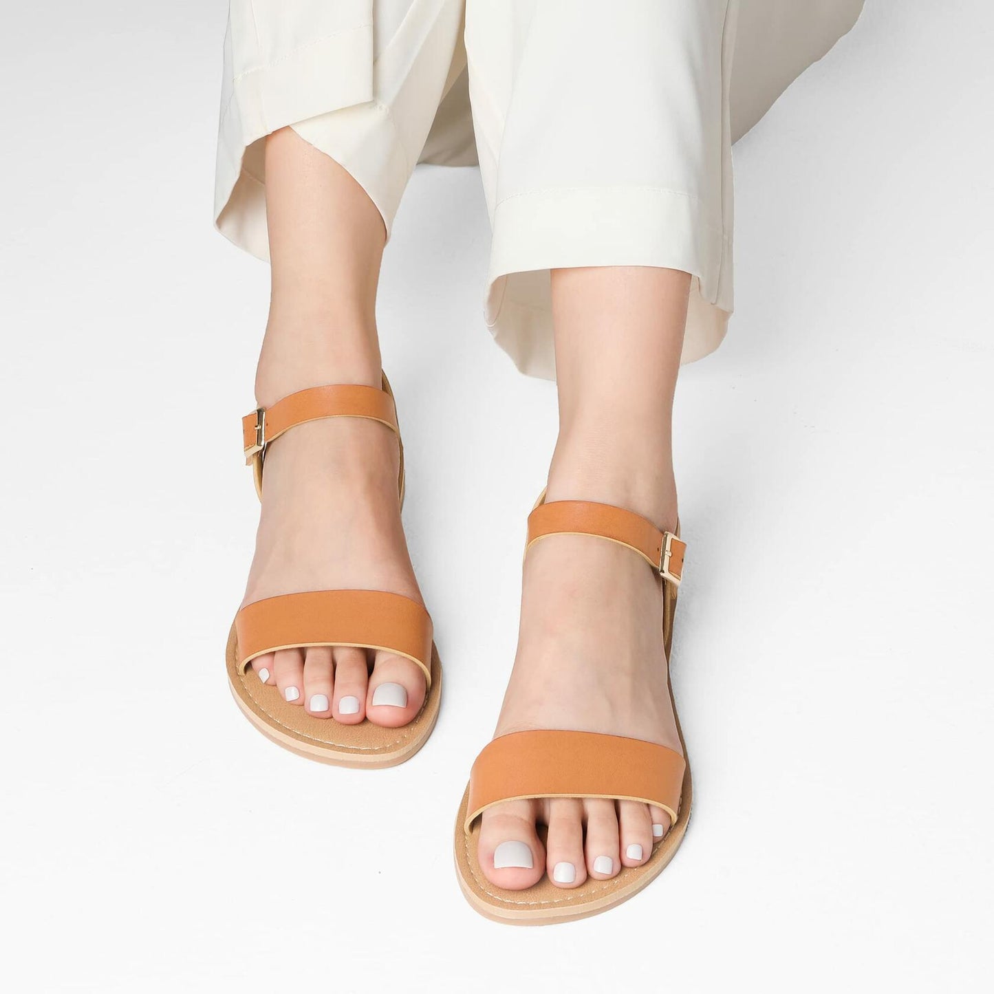 DREAM PAIRS Women's Ankle Strap Flat Sandals Open Toes Size 6.5 Tan HOBOO