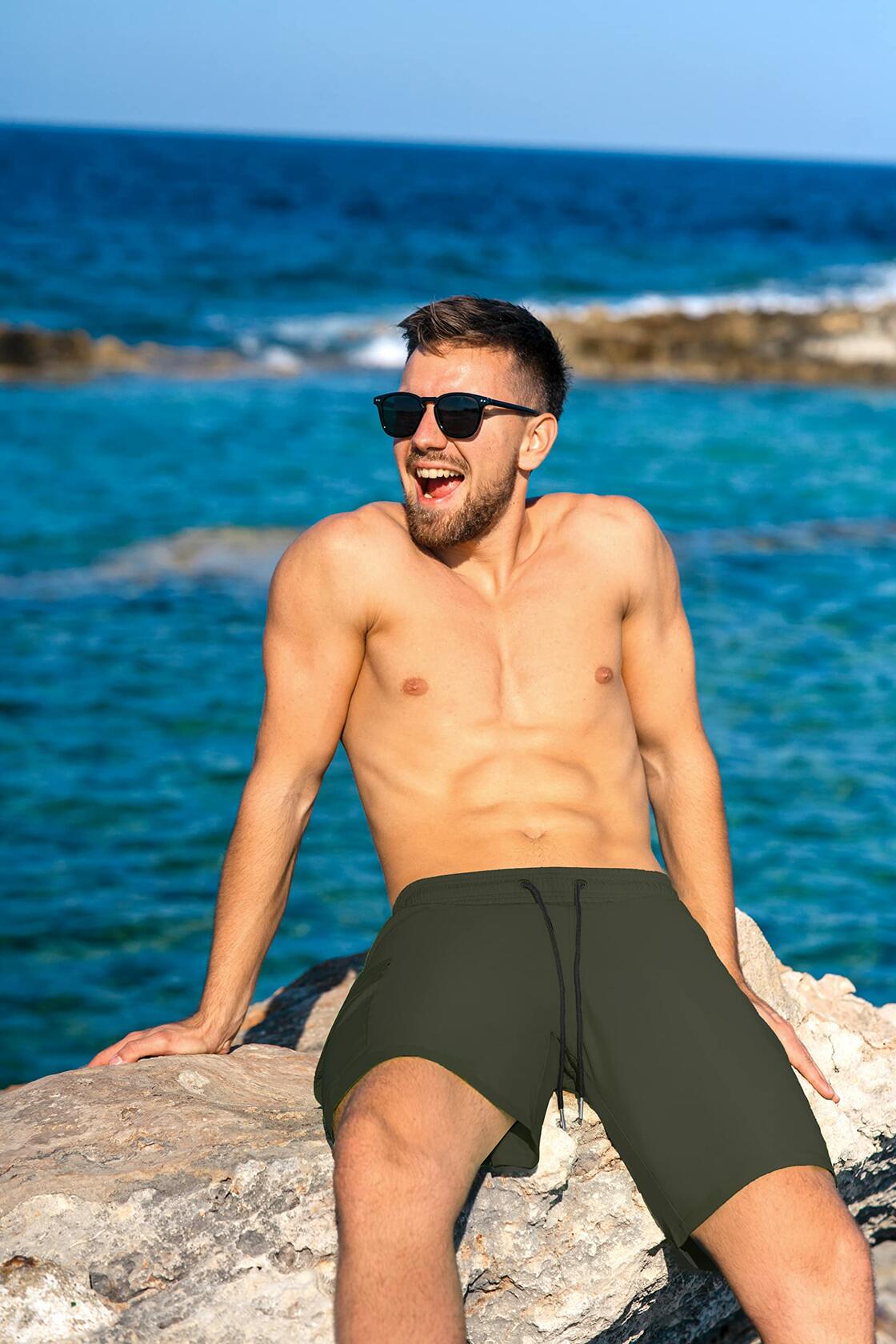 BRISIRA Mens Quick Dry Swim Trunks 9in ArmyGreen Size 34