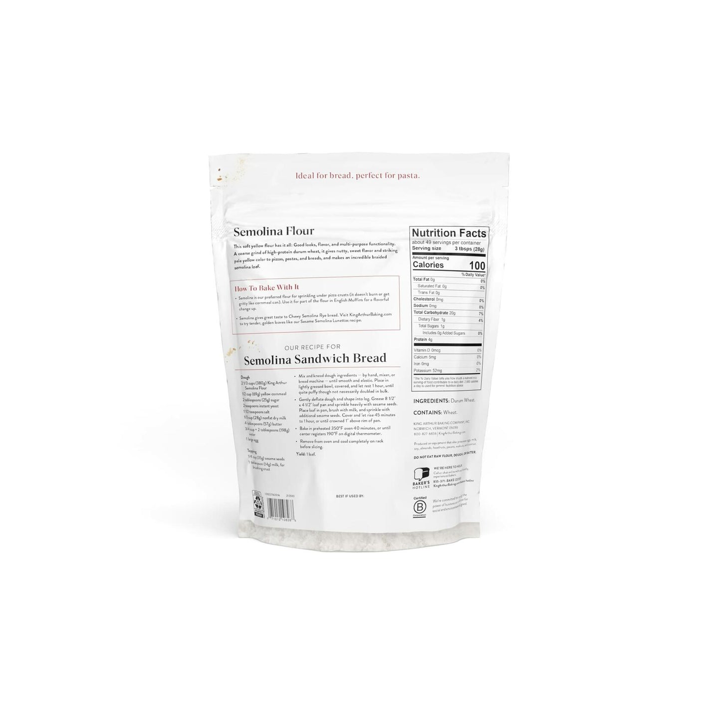 BestBy04/25 King Arthur Semolina Flour 3 lbs Coarse Ground High Protein Kosher