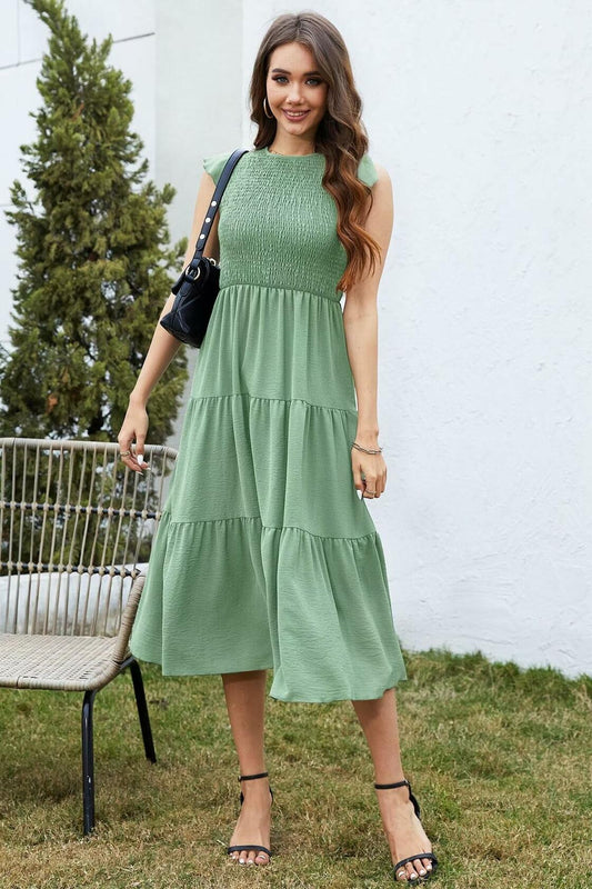 ZOOMOON Women's 2024 Army Green Maxi Dress Smocked Waist Casual Short Sleeve - L