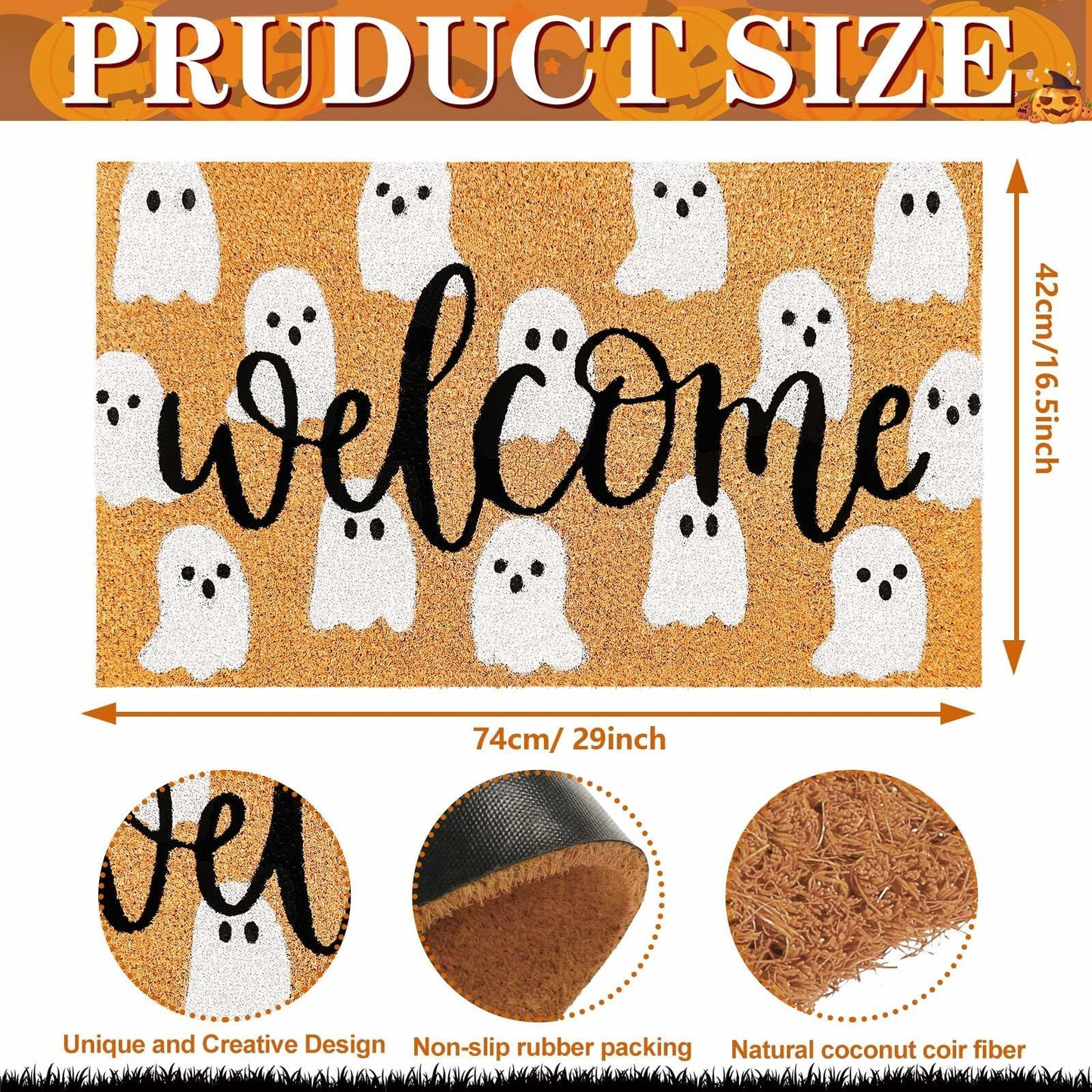 JarThenaAMCS Halloween Coir Doormat Cute Ghost Non-Slip 16.5x29 Inch