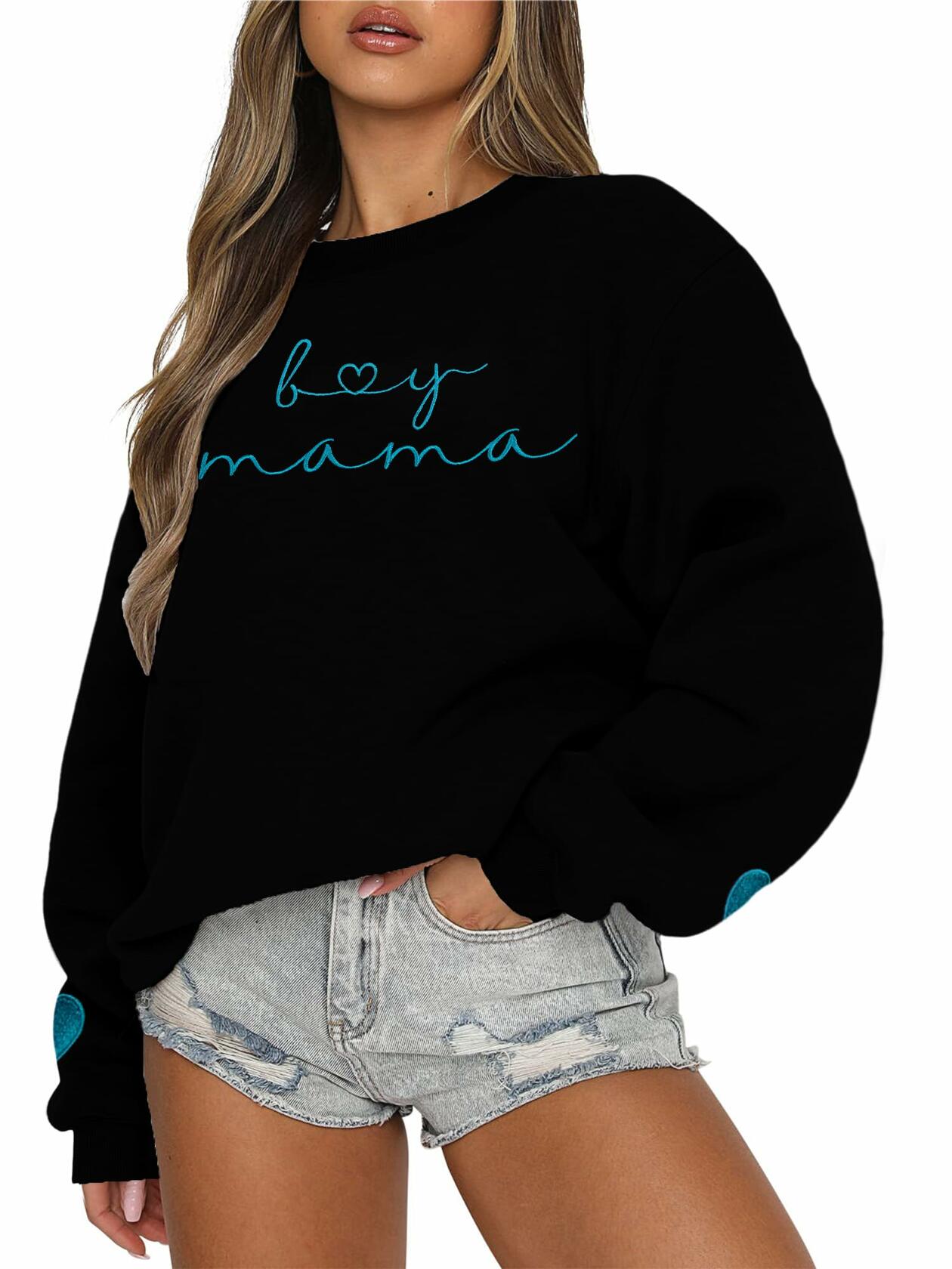 MYHALF Women Mama Oversized Crewneck Sweatshirt Pink Embroidered LS