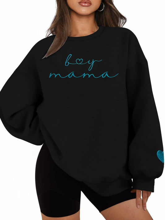 MYHALF Women Mama Oversized Crewneck Sweatshirt Pink Embroidered LS
