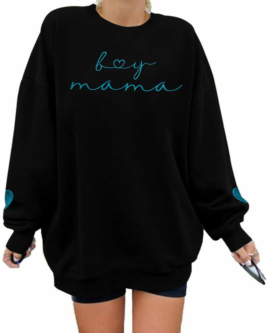 MYHALF Women Mama Oversized Crewneck Sweatshirt Pink Embroidered LS