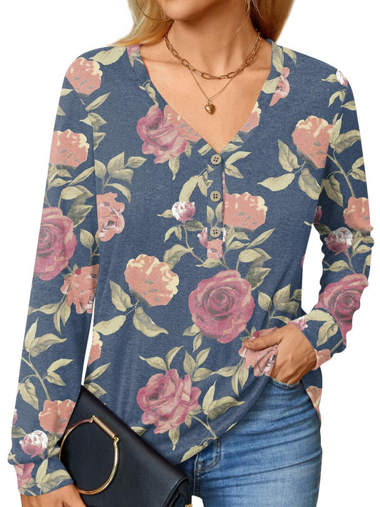 BISHUIGE Womens XL Long Sleeve Henley Tunic Top Blue Red White Roses Size XL