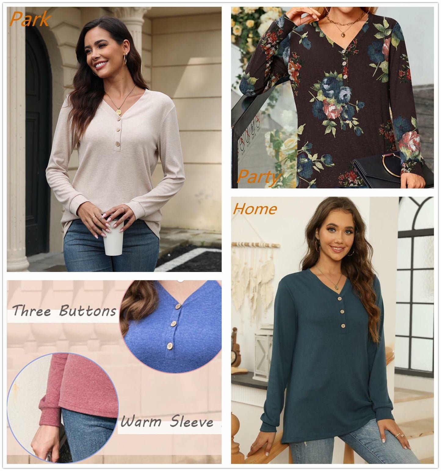 BISHUIGE Womens XL Long Sleeve Henley Tunic Top Blue Red White Roses Size XL