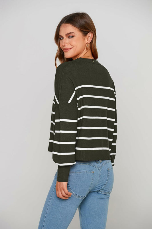 PRETTYGARDEN Women's White Fall Cropped Striped Sweater Oversized Size L