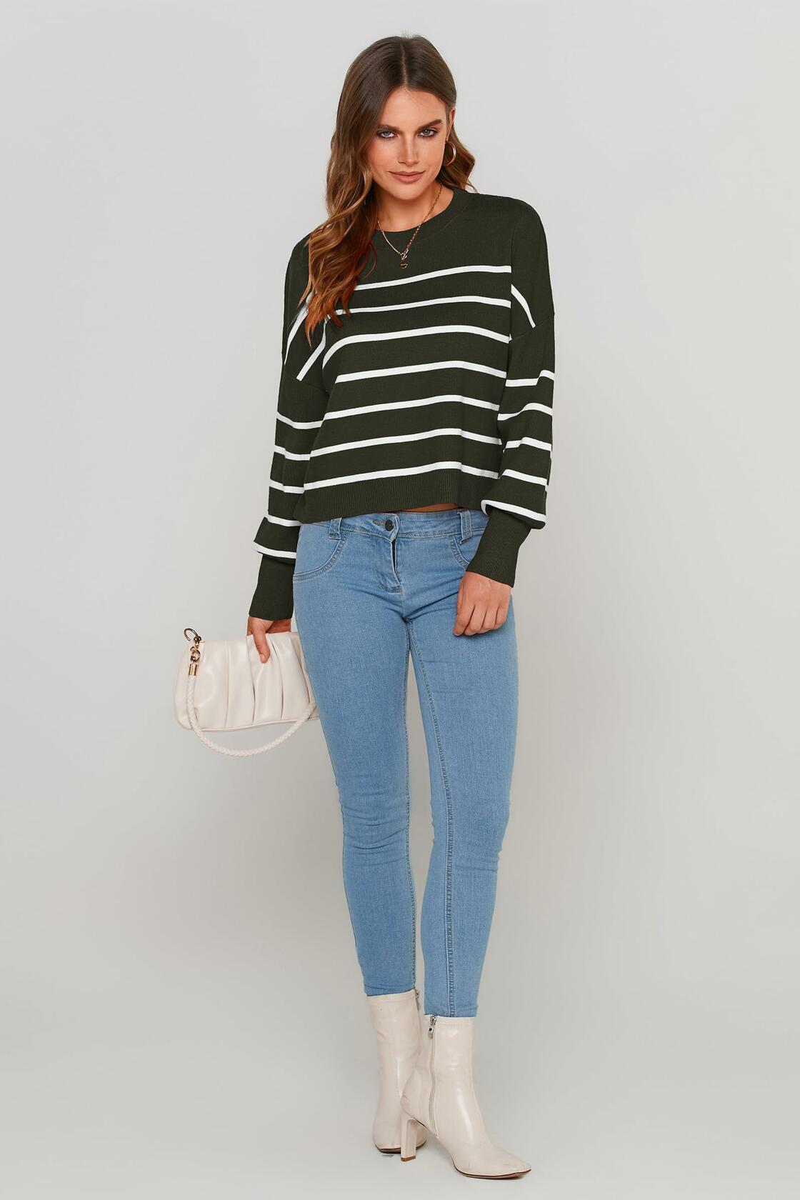 PRETTYGARDEN Women's White Fall Cropped Striped Sweater Oversized Size L