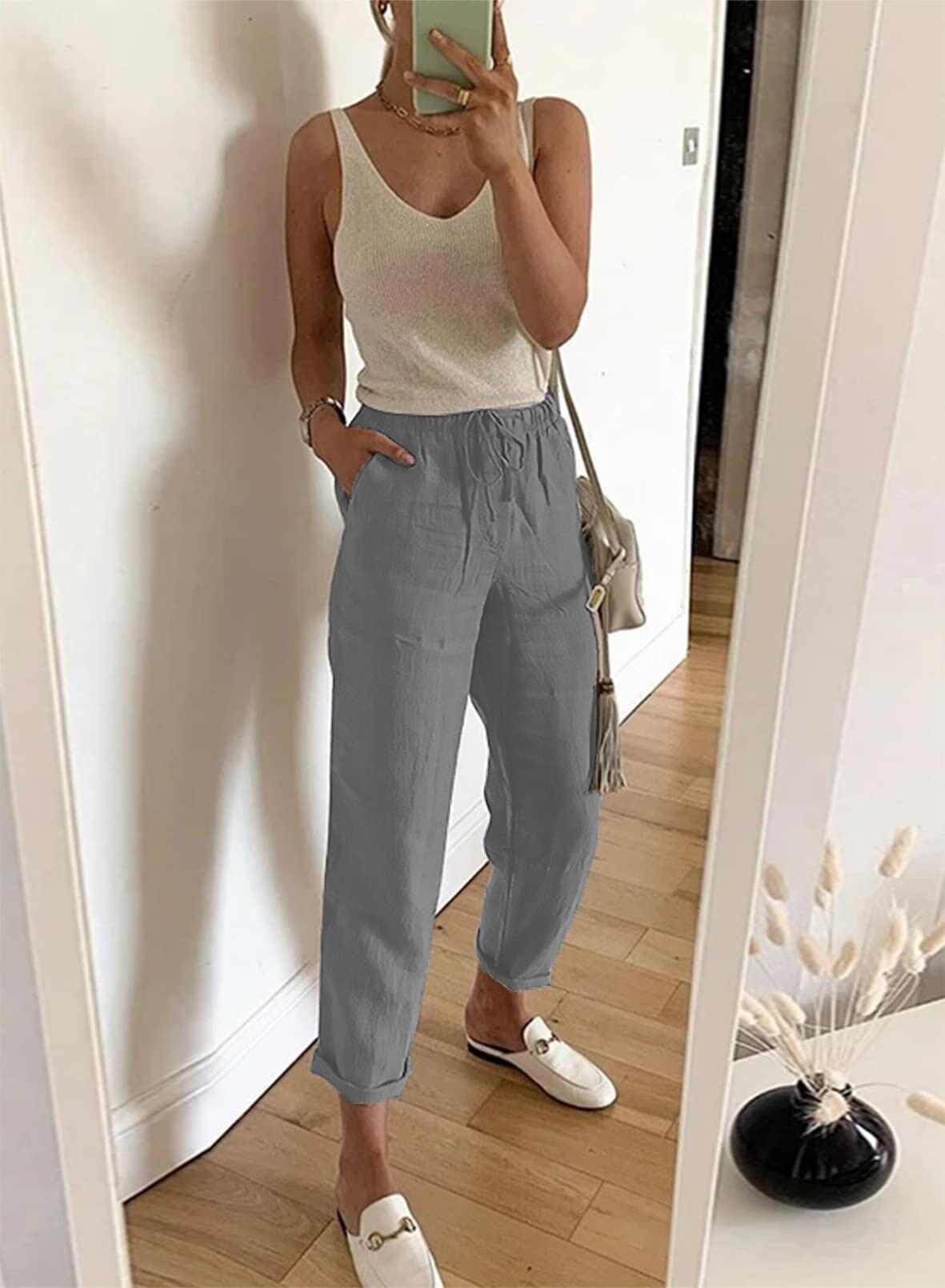 Acelitt Women's Gray High Waisted Casual Trousers Pants Large Pockets - Size L
