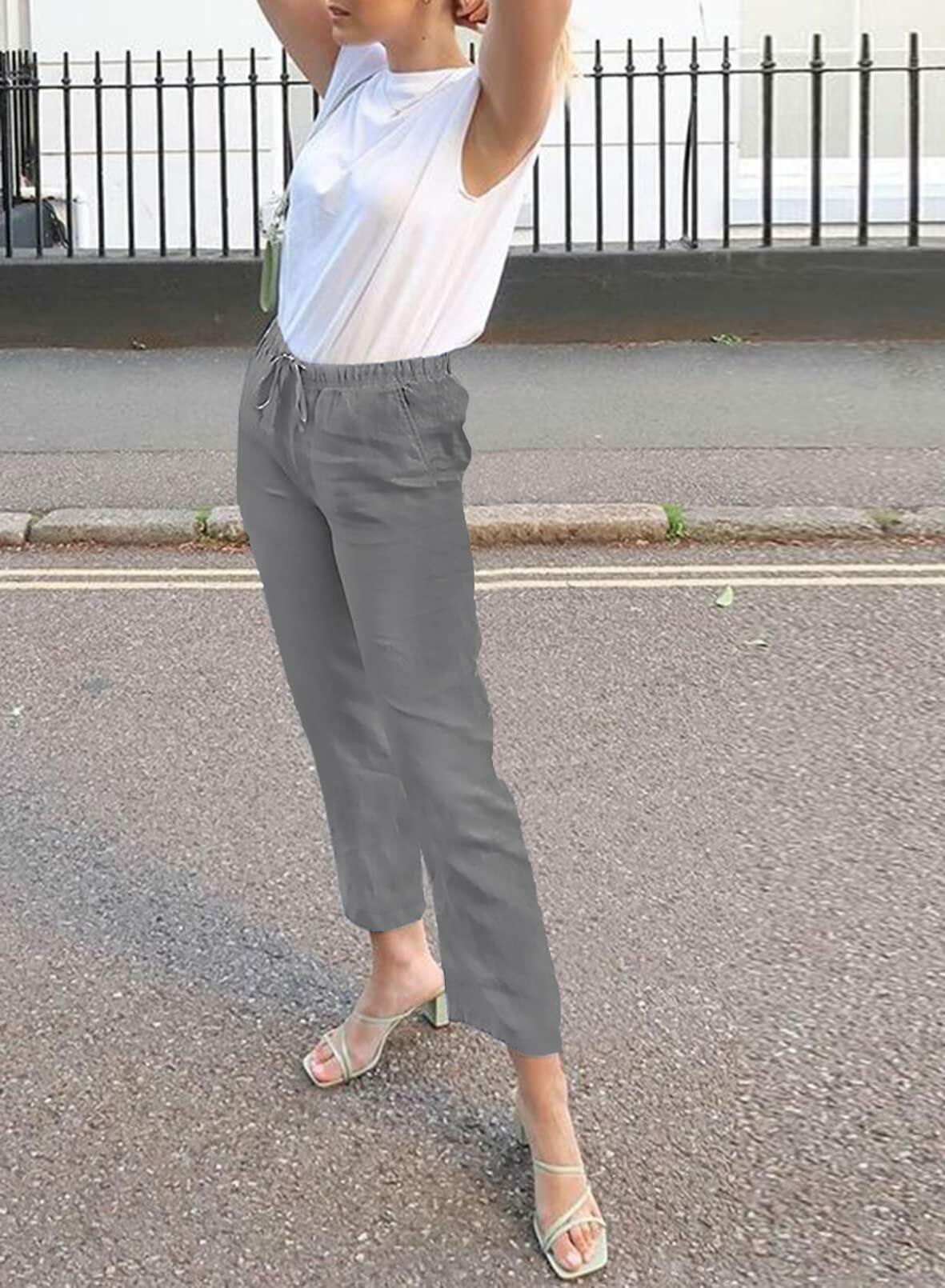 Acelitt Women's Gray High Waisted Casual Trousers Pants Large Pockets - Size L