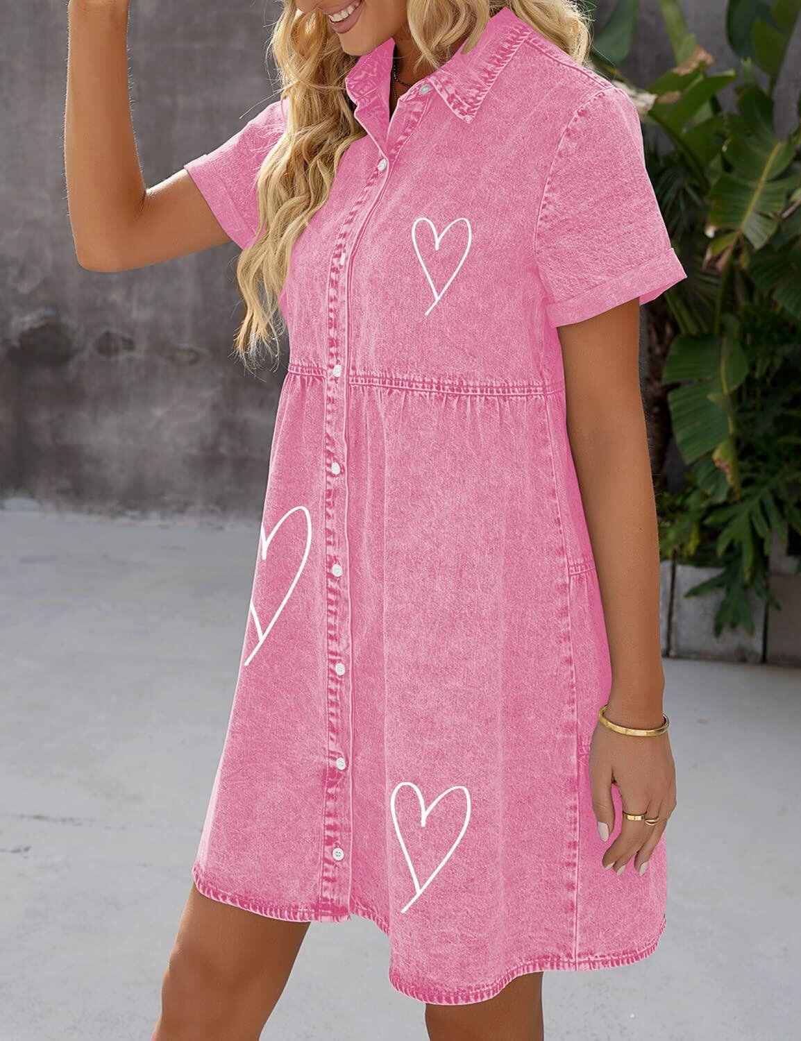 LookbookStore Pink Heart Love Print Babydoll Jean Dress Pink XS Size