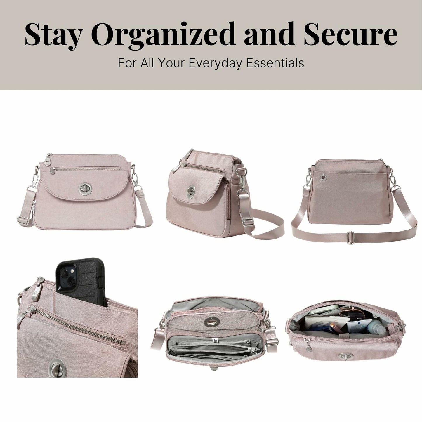 Baggallini Calais Crossbody Bag Blush Shimmer Women's Stylish Shoulder Bag