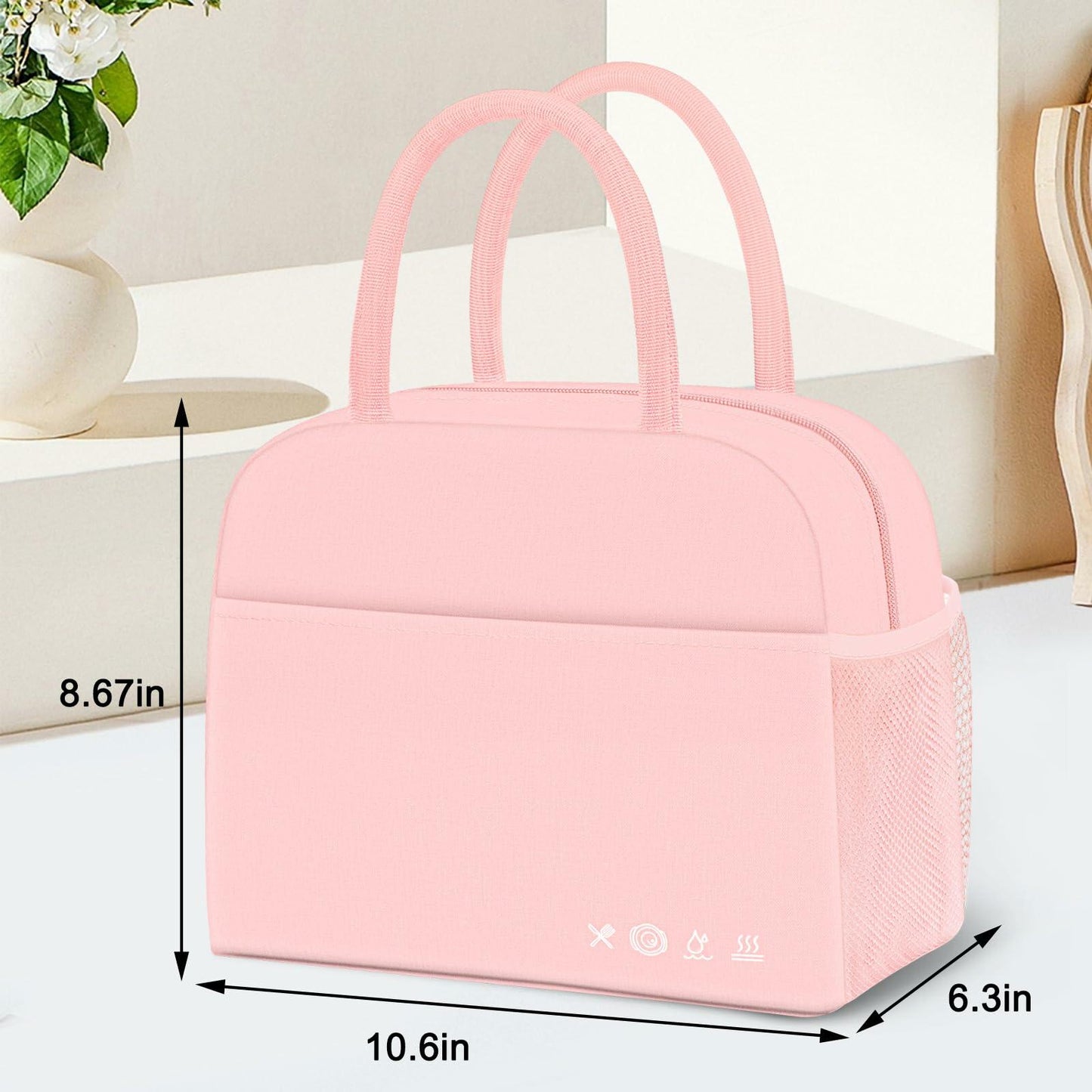 KUBYA Insulated Lunch Bag Pink Reusable Tote for Women Men Office Travel Picnic