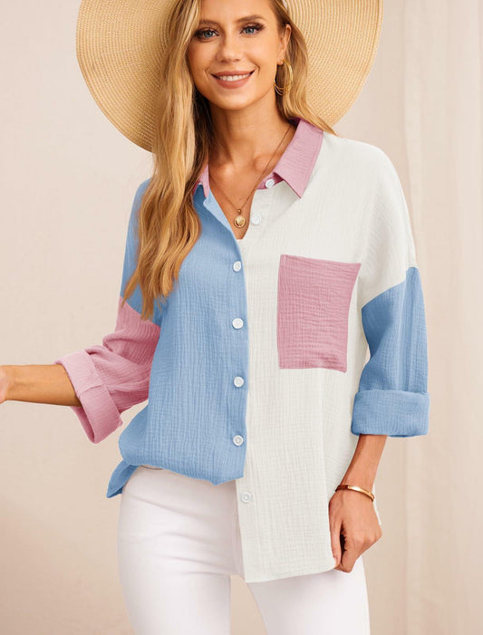 HWOKEFEIYU Womens Long Sleeve Button Down Shirt FP Black Grid Large Casual