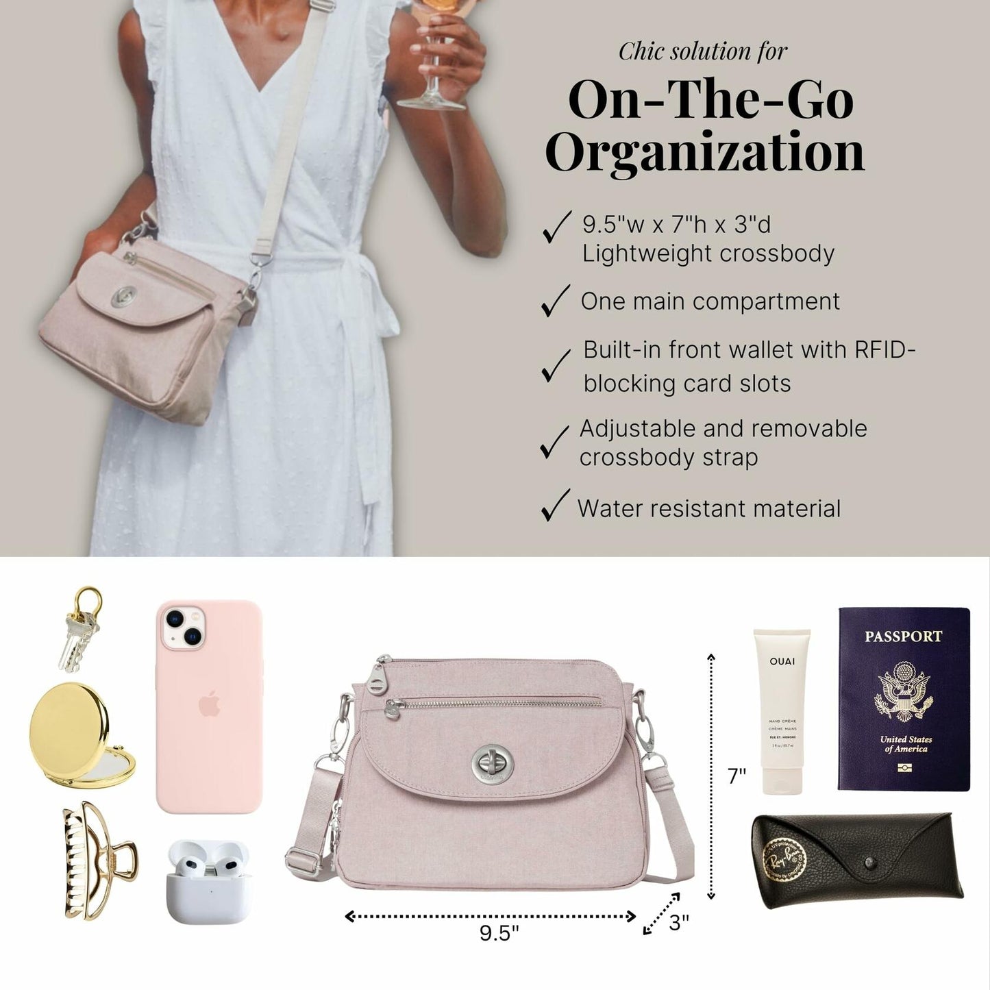 Baggallini Calais Crossbody Bag Blush Shimmer Women's Stylish Shoulder Bag
