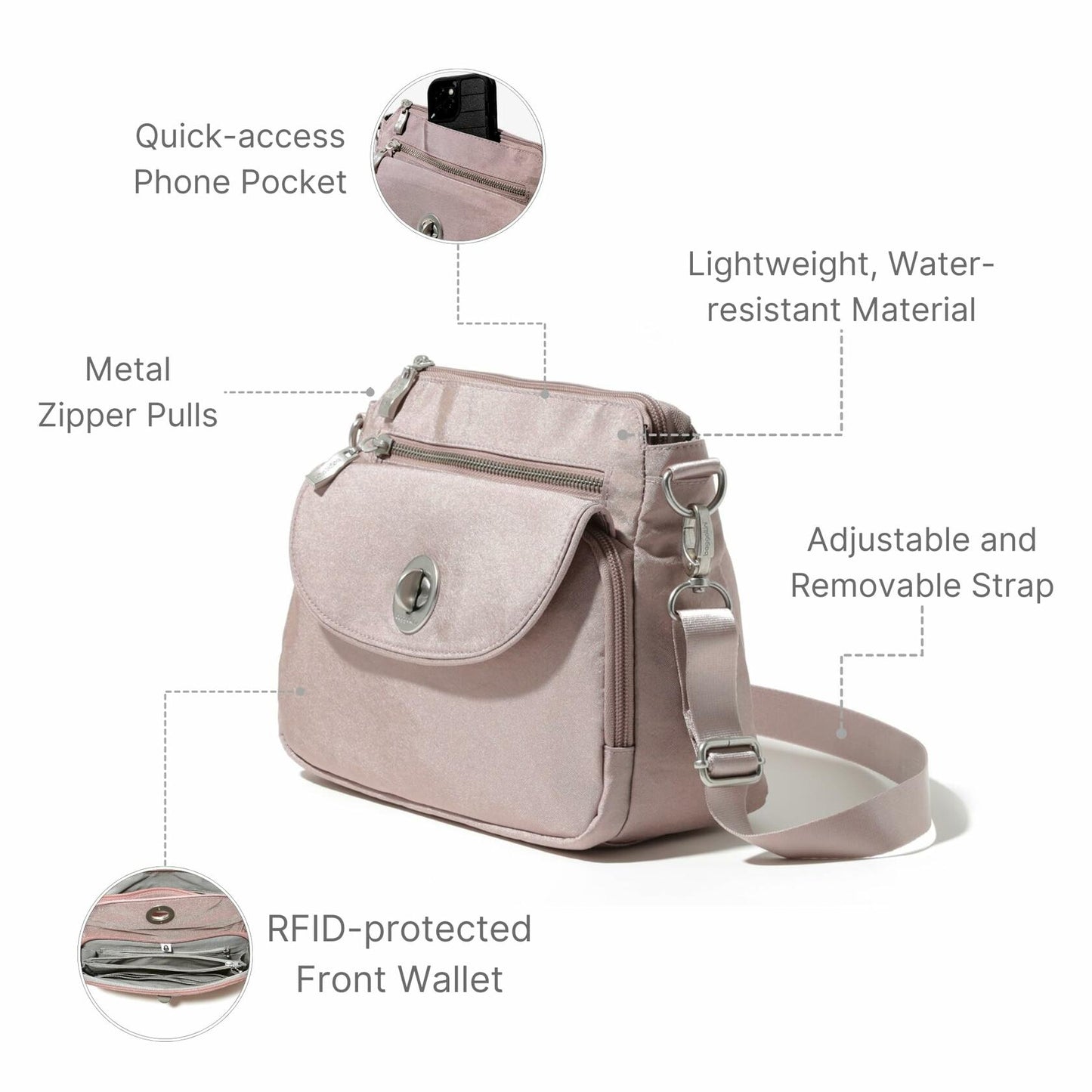 Baggallini Calais Crossbody Bag Blush Shimmer Women's Stylish Shoulder Bag