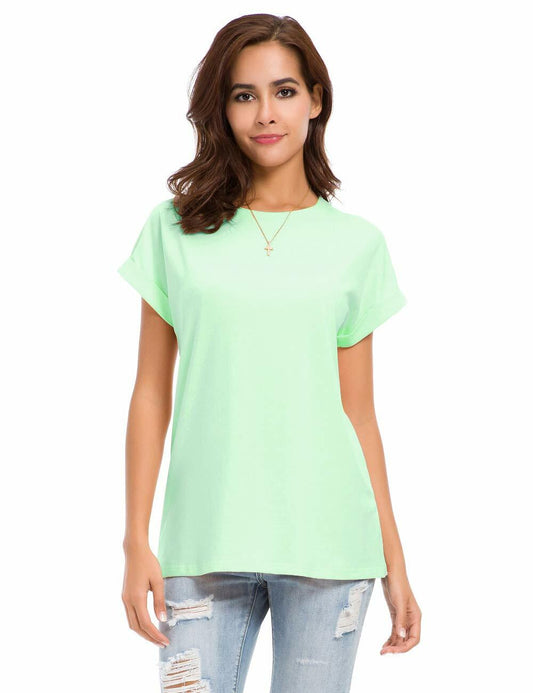 MSHING Women's Simple Crew Neck Plain Loose T-Shirt Light Green Size L Casual
